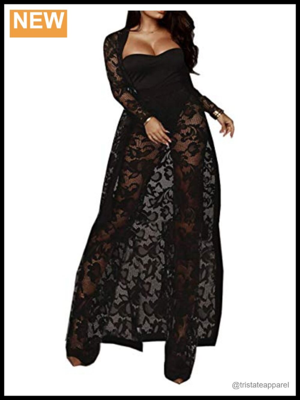 Women Lace See Through Wide Leg Pants Tube Top Long Coat 3 Piece Set